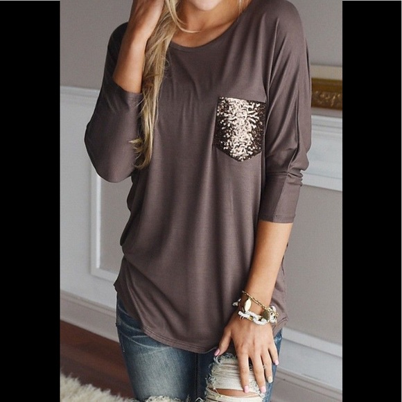 Pulse Boutique Tops - ✨Sequin Pocket Top - Mocha✨
